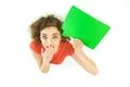 The surprised woman stand with the green dialog sign. View from above Photo