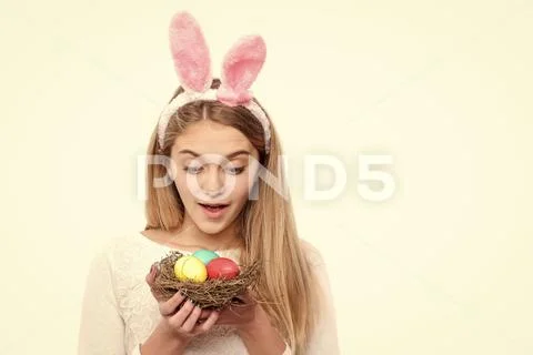 Surprised woman wear bunny ears on Easter day Stock Photos