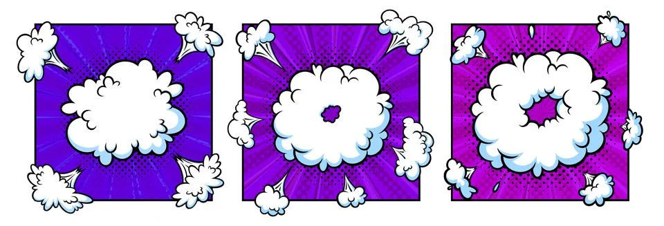 Surprising boom cloud in halftone background for sales and promotions. Purple Stock Illustration