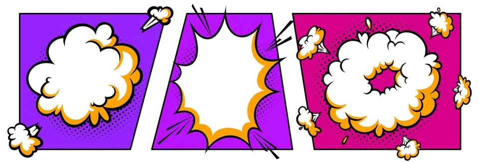 Surprising boom clouds in halftone background for sales and promotions. Purple Stock Illustration