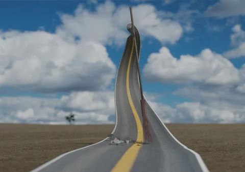 Surralistic road self-cleaning from grabage by broom in desert with blue sky 3d Stock Illustration