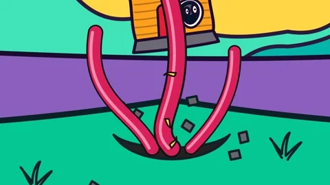 Surreal 2D Animation Of Tentacles Bursting From Ground Lifting Cartoon House Stock Footage 341372914
