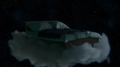 Surreal 3D animation of a bed floating through clouds from day to night Stock Footage 319652795