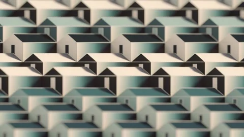 Surreal 3D animation with a pattern of houses. An atmospheric background Stock Footage 328145083