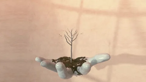 Surreal 3D animation - tree and sculptured hand Stock Footage 292560628