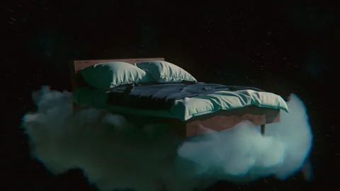 Surreal 3D bed floating in clouds under starry night sky — 4K loop animation Stock Footage 319652804