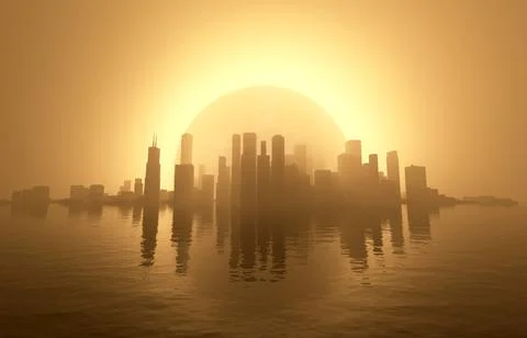 Surreal 3D Cityscape On Water Eclipsed In Hazy Fog Illustrazione stock