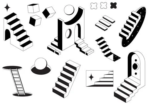 Surreal 3D doors with impossible geometric stairs Stock Illustration