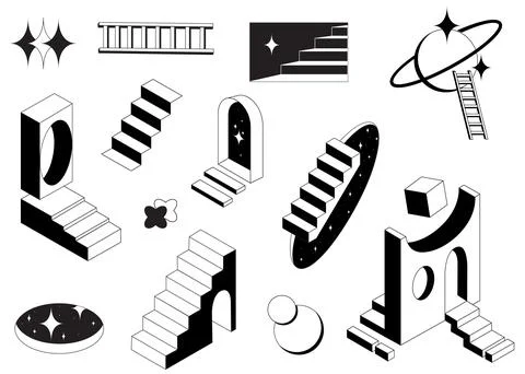 Surreal 3D doors with impossible geometric stairs Stock Illustration