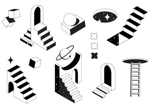 Surreal 3D doors with impossible geometric stairs Stock Illustration