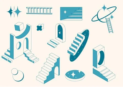 Surreal 3D doors with impossible geometric stairs Stock Illustration