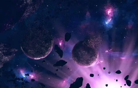 Surreal 3d illustration of asteroids hitting a planet Stock Illustration