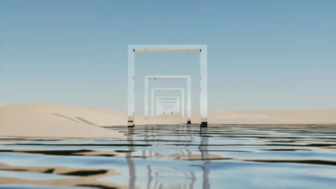 Surreal 3D Render of Minimalist Reflective Portals over Water and Sand Dunes Stock Footage 331573751