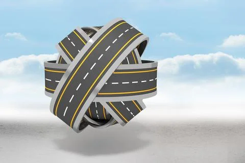 Surreal 3D render is showing knot of asphalt highways with yellow stripes Stock Illustration