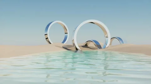 Surreal Abstract 3D Render of Reflective Chrome Rings on Sand Dunes Stock Footage 331573720