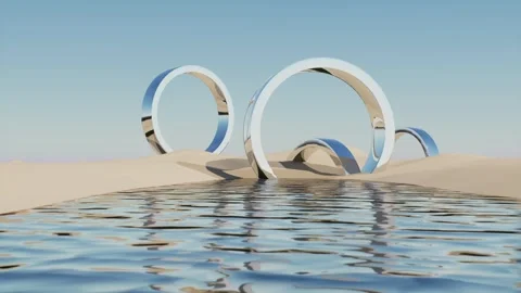 Surreal Abstract 3D Render of Reflective Chrome Rings on Sand Dunes Stock Footage 331573727