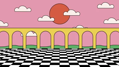 Surreal Abstract Background from Shapes with Arches Wall, Clouds and Chess Floor Video stock 331347478