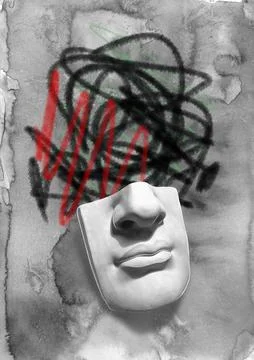 A surreal abstract digital illustration featuring a fragmented face with ch.. Stockillustratie