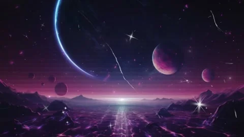Surreal alien landscape with multiple planets and glowing horizon in deep space Video stock 346210890