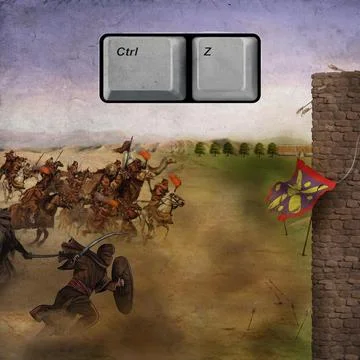 Surreal artwork of an ancient war with the ctrl-z buttons - the concept of rewri Stock Illustration