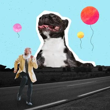 Surreal artwork. Elder man dressed in 80s, 70s style suit dancing at open road Stock Photos