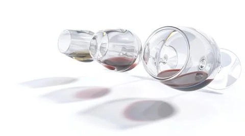 Surreal artwork of red and white wines in glassware hovering sideways casting Stock Illustration