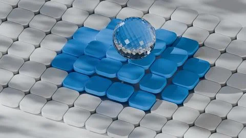 Surreal Blue and White Tiled Surface with a Crystal Sphere Stock Illustration