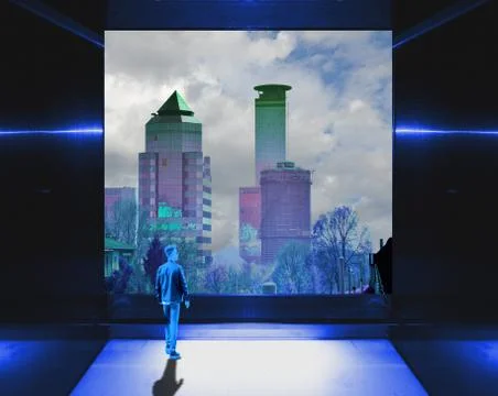 Surreal blue interior with large window on the skyline and the figure of th.. Stock Photos