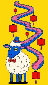Surreal Blue Sheep with Winding Track and Lanterns Stock Illustration