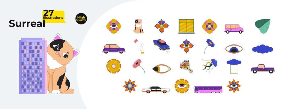 Surreal boho 2D linear cartoon objects bundle Illustrazione stock
