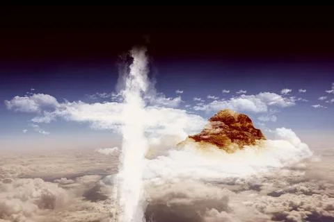 Surreal cloud column is intersecting horizontal beam above cloud sea with rocky Stock Photos