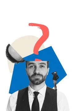 Surreal collage of a man with a bold question mark above his head and a tiny Fotos Stock