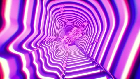 A surreal, colorful tunnel with wavy patterns surrounds a skeleton,  動画素材 288953863