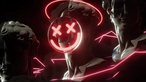 A surreal composition featuring stylized statues with a glowing smiley face, Stock-Footage 293340387