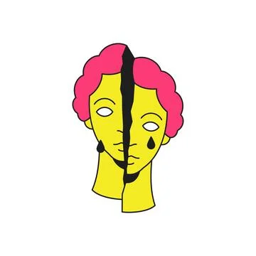 Surreal cracked half crying sculpture man head contour groovy icon vector fla Stock Illustration