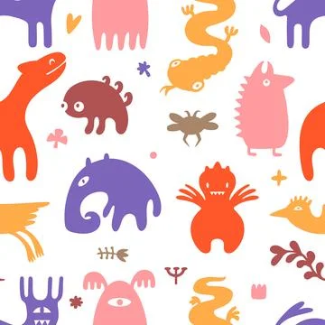 Surreal creatures seamless pattern. Imaginary characters and plants, fictional Stock Illustration