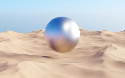 Surreal desert landscape with silver sphere over sand dunes. Stock Illustration