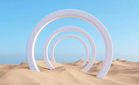 Surreal desert landscape with white arch constructions in perspective Stock Illustration