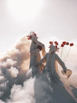 Surreal desert performance art two dancing women with artificial flowers an.. Foto stock