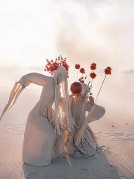 Surreal desert performance art two dancing women with red sphere against fl.. 스톡 사진