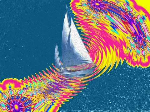 Surreal digital artwork with a white sailboat traveling across blue water イラスト素材