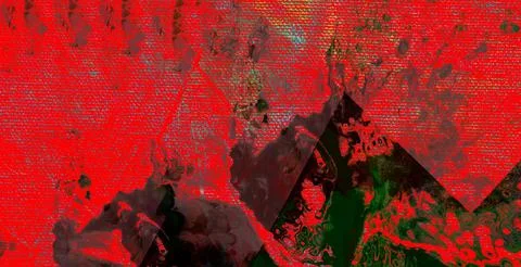 Surreal digital composition featuring dark red gradients and sharp mountain Stock Photos