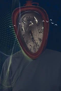 Surreal distorted red clock with birds and digital grid, selective focus. 库存照片