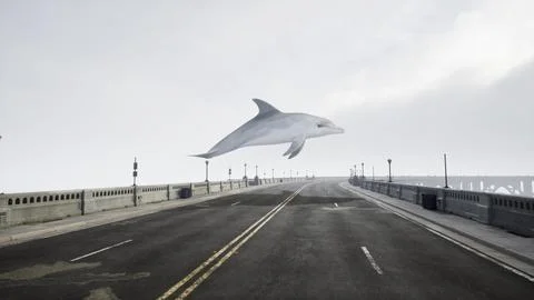 Surreal Dolphin Soaring Over a Misty Bridge Stock Illustration