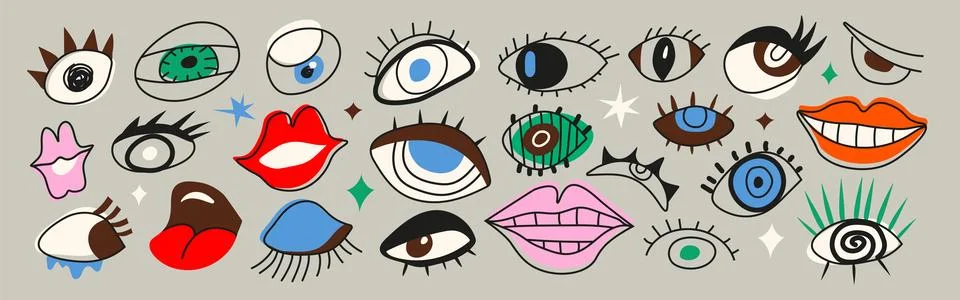 Surreal eyes and lips vector set in retro groovy doodle style. Trendy eccen.. Stock Illustration