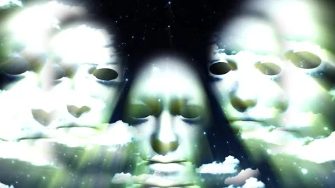 Surreal faces float among clouds Video stock 246372322
