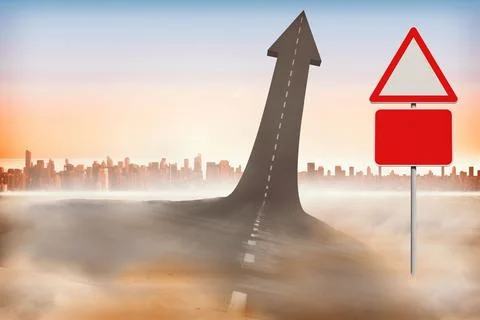 Surreal flat design arrow-shaped road is rising from misty sand with blank red イラスト素材