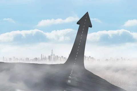 Surreal flat design is showing arrow road with dashed lines rising from misty Stock Illustration