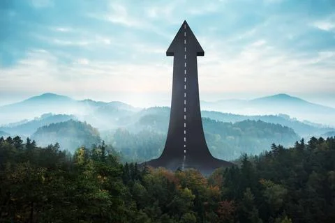 Surreal flat design is showing giant asphalt arrow-road rising through misty Stock Illustration