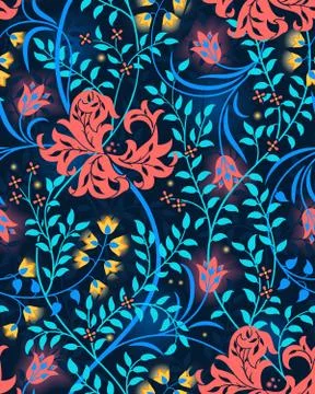 Surreal floral seamless pattern with big glowing flowers, tulips and blue Stock Illustration